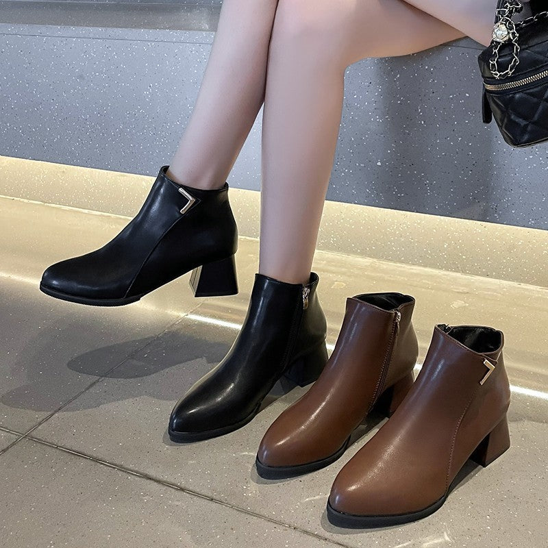 Round Head Chunky Heel Short European And American Style Solid Color Women's Martin Boots